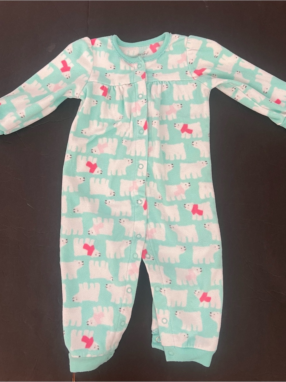 12M Cozy Polar Bear Print Mint Green Kids One-Piece fleecy Pajamas